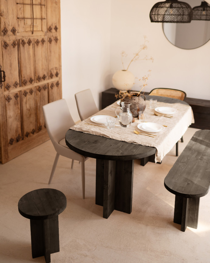 Pack table à manger ovale et banc en bois massif ton noir en différentes tailles