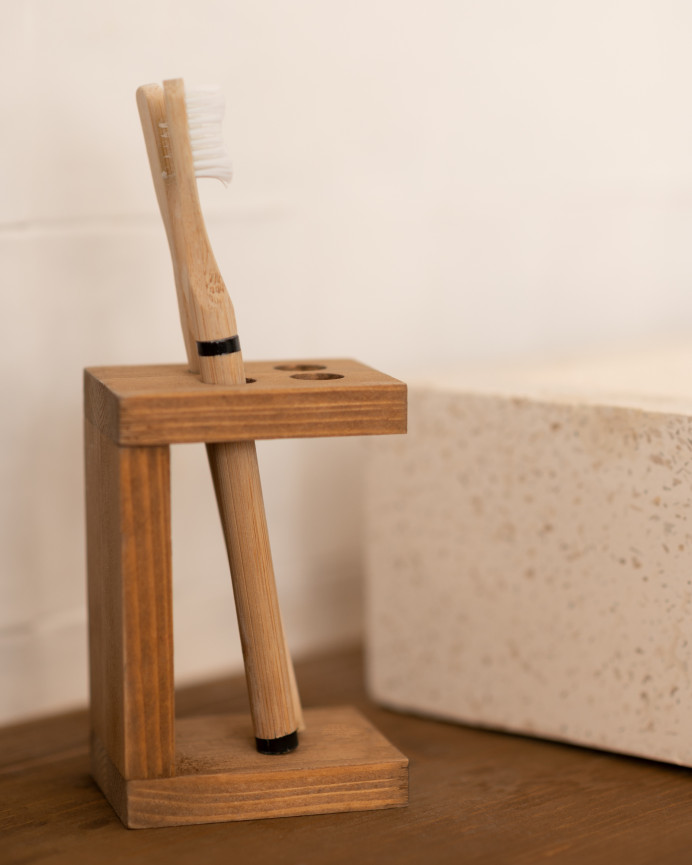 Porte-brosse à dents en bois massif ton chêne foncé 12x6cm