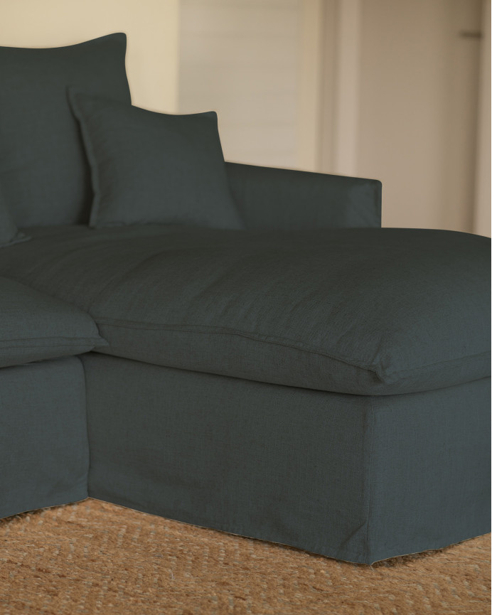 Housse de canapé avec méridienne droite en coton et lin couleur bleue en différentes tailles
