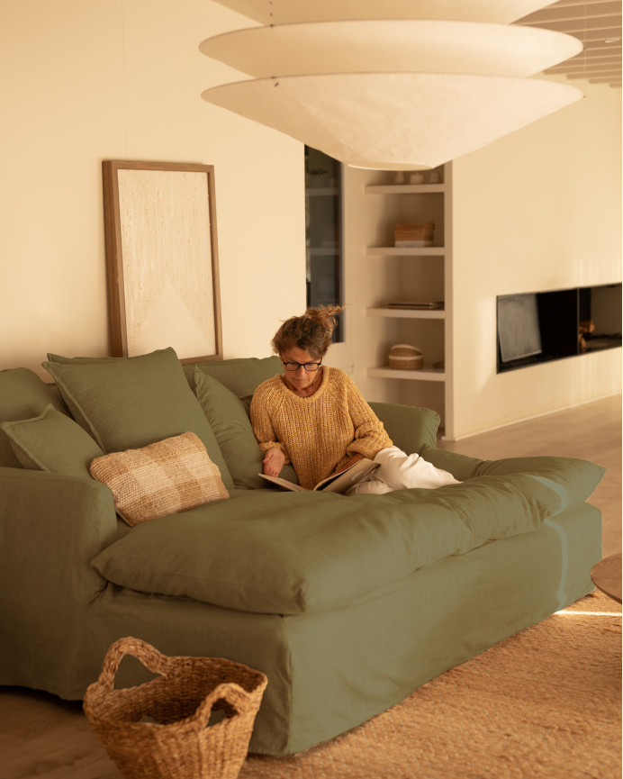 Housse pour canapé fond long en coton et lin couleur verte en différentes tailles