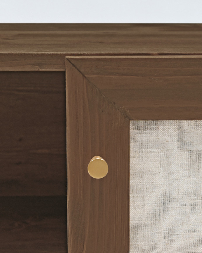 Meuble TV en bois massif et toile de lin avec 2 portes ton noyer 150x40cm
