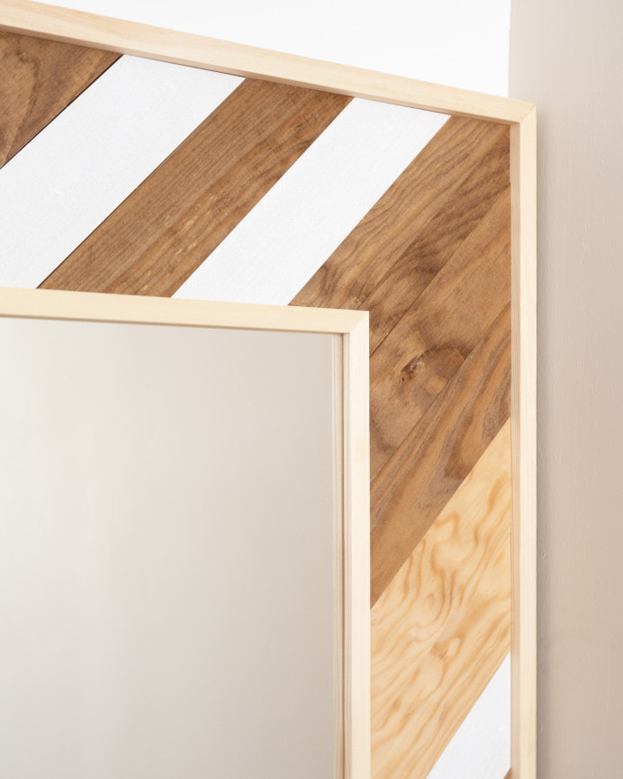 Miroir effet bois massif en chêne foncé naturel et blanc 163x84cm