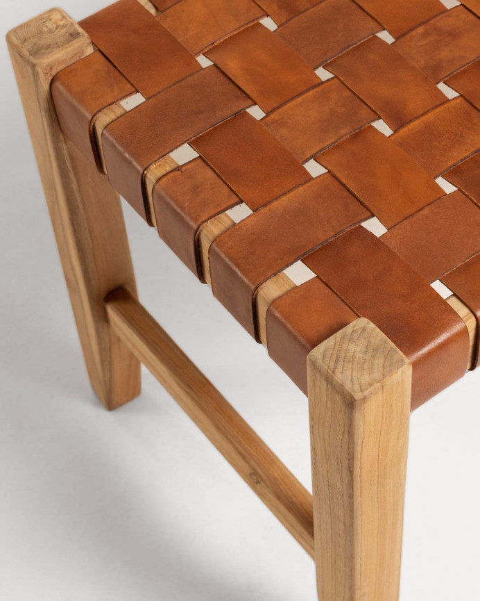Banc en cuir et bois de teck 47x120cm