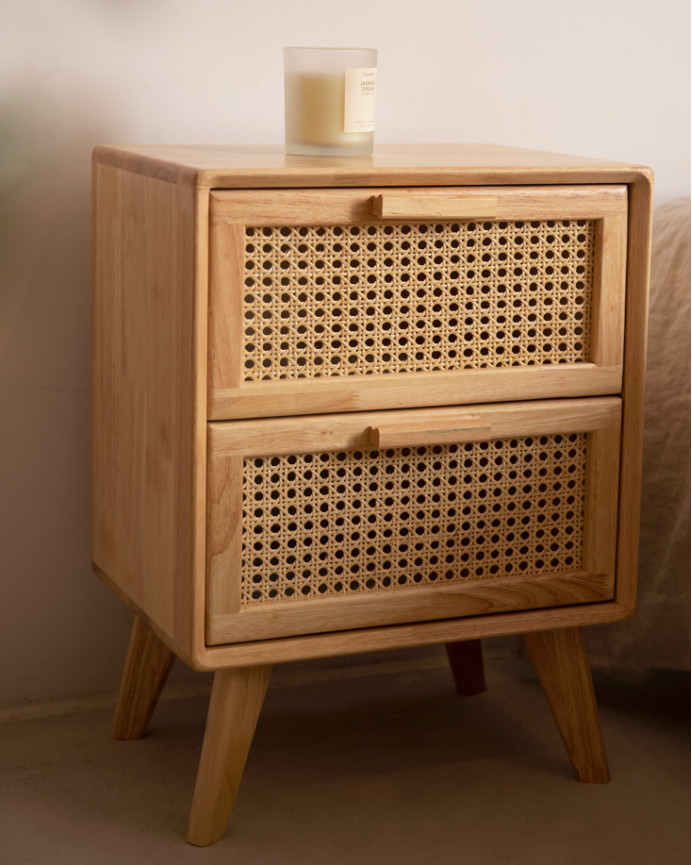 Pack tête de lit rembourrée beige et 2 tables de chevet en bois massif ton naturel en différentes tailles