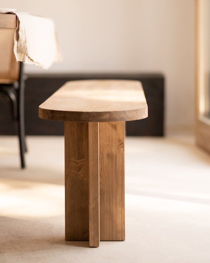 Pack table à manger ovale et banc en bois massif ton chêne foncé en différentes tailles