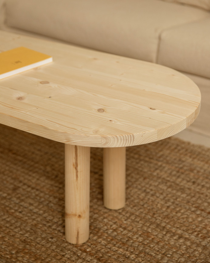 Table basse ovale en bois massif en teinte naturelle de 40x120cm