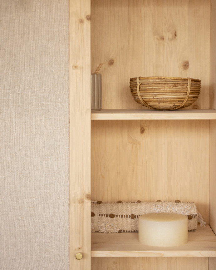 Armoire en bois massif et toile de lin ton naturel, 180x80cm