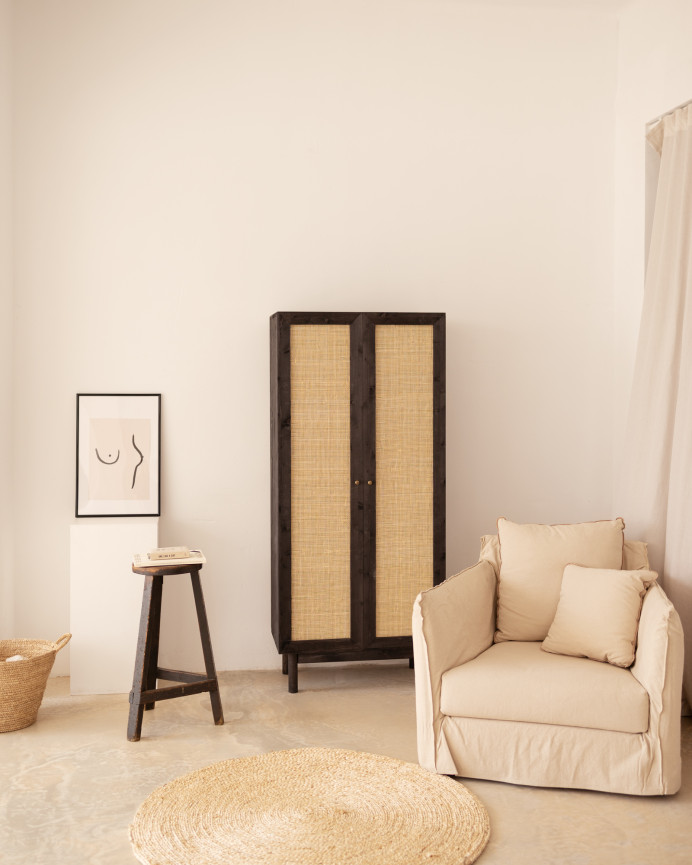 Armoire medulla en bois massif et rotin ton noir 180x80cm