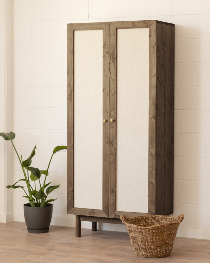 Armoire en bois de sapin et toile de lin ton noyer 180x80cm