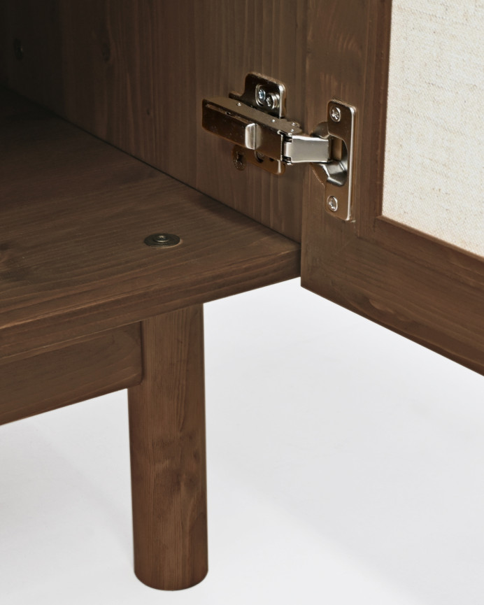 Meuble TV en bois massif et toile de lin avec 2 portes ton noyer 150x40cm