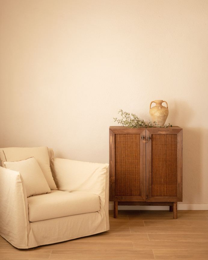 Buffet en bois massif et tissu raphia avec 2 portes ton noyer 100x80cm