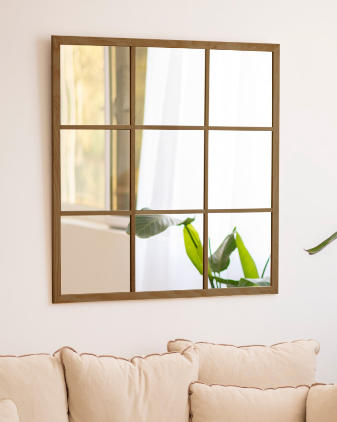 Miroir mural carré de type fenêtre en bois DM ton chêne foncé 90x90cm