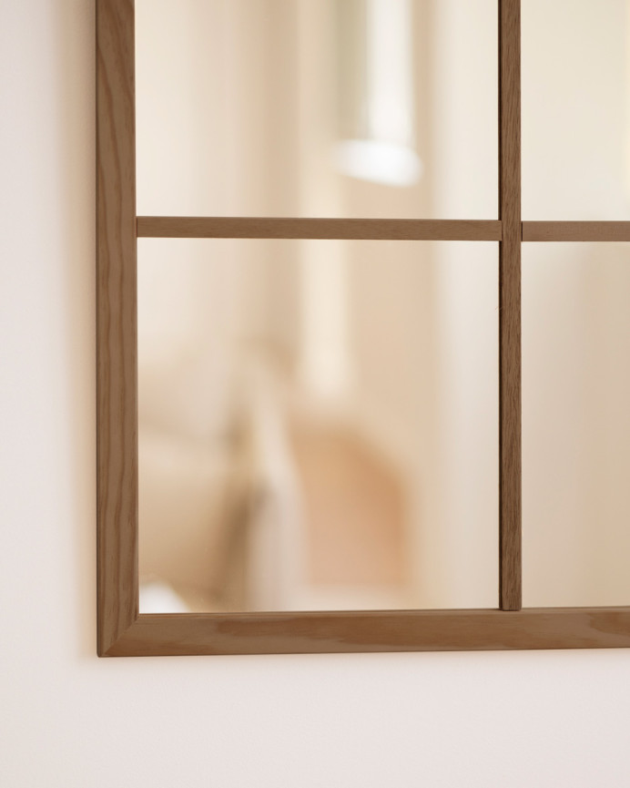 Miroir mural rectangulaire de type fenêtre en bois DM ton chêne foncé 90x60cm