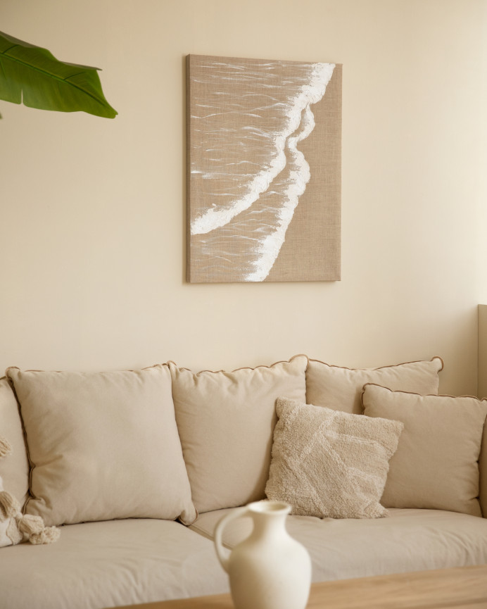 Tableau beige et blanc décoratif sur lin avec cadre en bois peint à la main à la peinture à l'huile en différentes tailles
