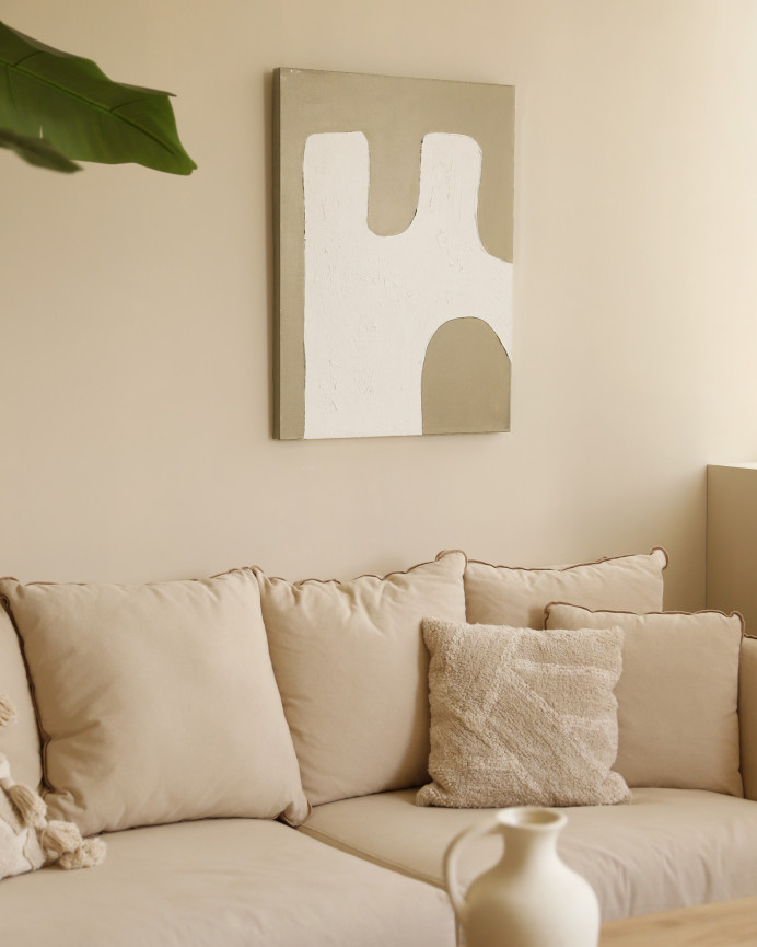 Tableau beige et blanc décoratif sur coton avec cadre en bois peint à la main à la peinture à l'huile en différentes tailles