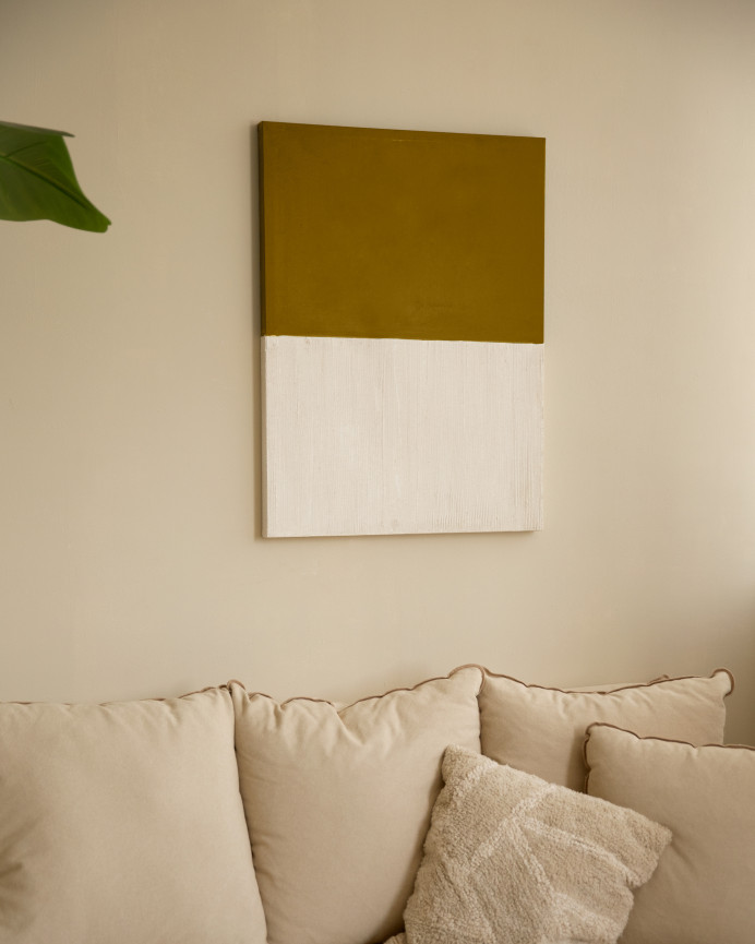 Tableau moutarde et blanc décoratif sur coton avec cadre en bois peint à la main à la peinture l'huile en différentes tailles