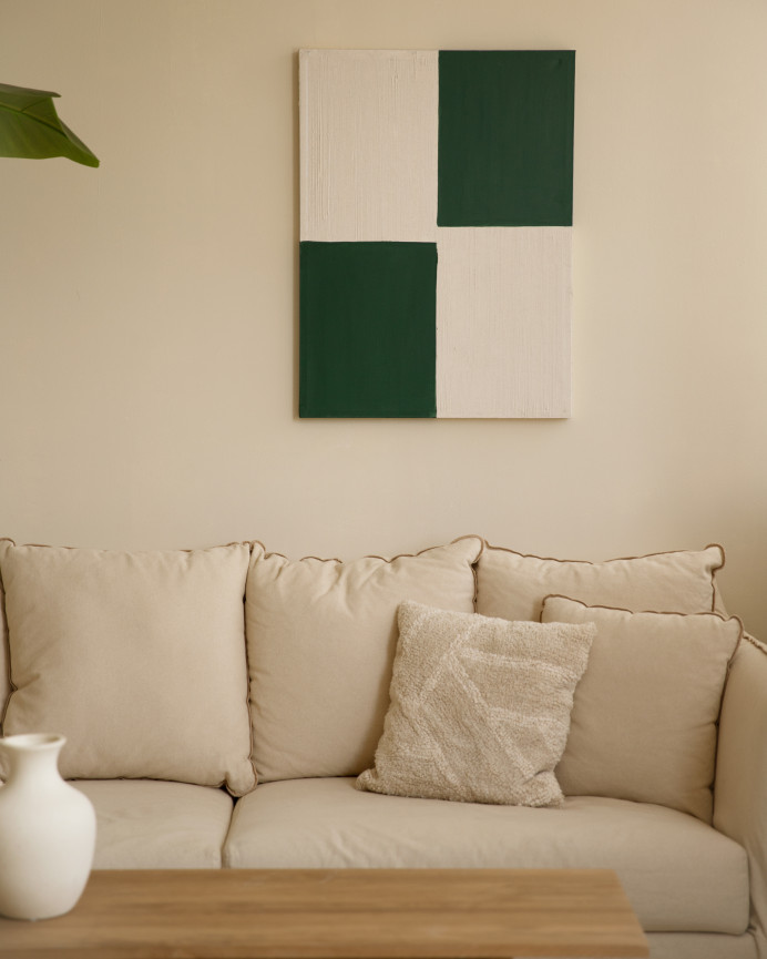 Tableau vert et blanc décoratif sur coton avec cadre en bois peint à la main à la peinture à l'huile en différentes tailles