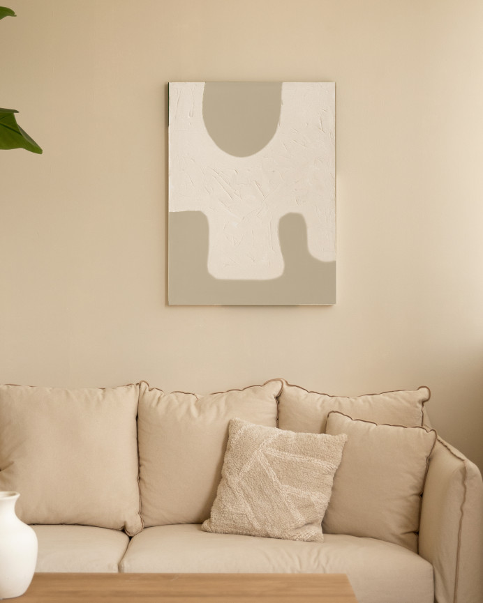 Tableau blanc e beige décoratif sur coton avec cadre en bois peint à la main à la peinture à l'huile en différentes tailles