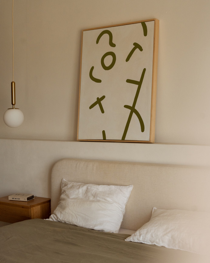 Tableau beige et vert décoratif sur coton avec cadre en bois peint à la main à la peinture à l'huile en différentes tailles