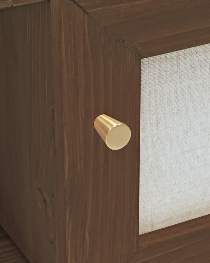 Meuble TV en bois massif et toile de lin avec 2 portes ton noyer 150x40cm