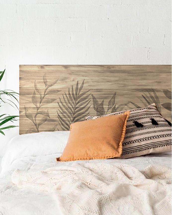 Tête de lit en bois massif imprimée d'un motif de fleurs à l'aquarelle dans un ton chêne foncé en différentes tailles