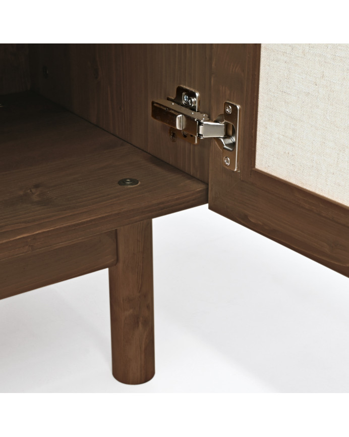 Meuble TV en bois massif et toile de lin avec 2 portes ton noyer 150x40cm