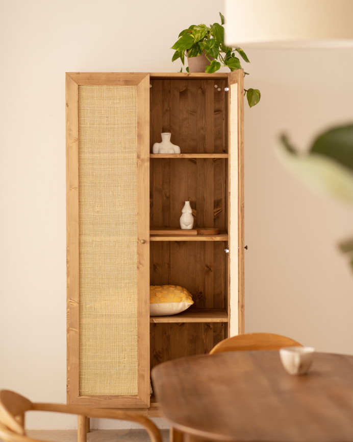 Armoire en bois massif et rotin moelleux ton chêne foncé 180x80cm