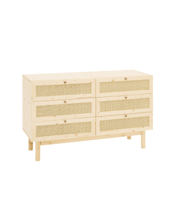 Commode en bois massif et raphia avec six tiroirs dans un ton naturel 76x120cm