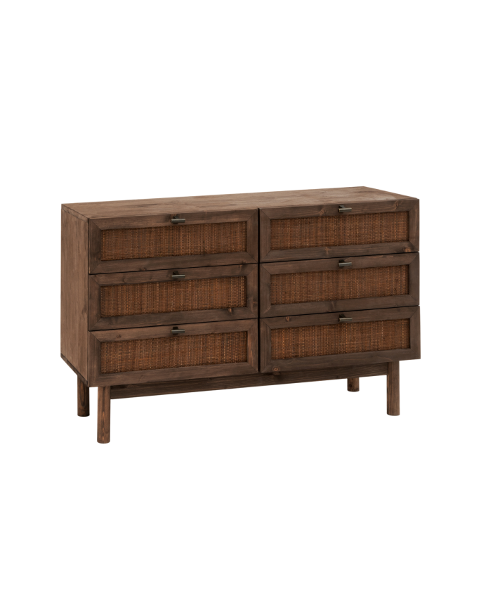 Commode en bois massif et raphia à six tiroirs ton noyer 76x120cm