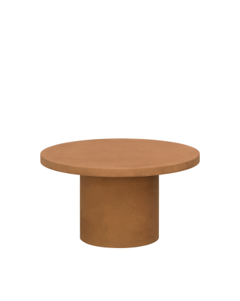 Table basse ronde en microciment de teinte terracotta disponible en différentes tailles