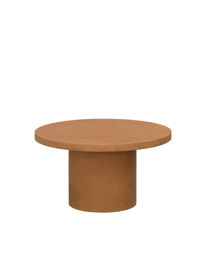 Table basse ronde en microciment de teinte terracotta disponible en différentes tailles