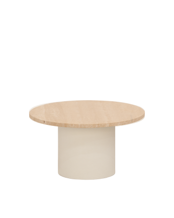 Table basse ronde en marbre travertin avec pieds en microciment teinte beige disponible en différentes tailles