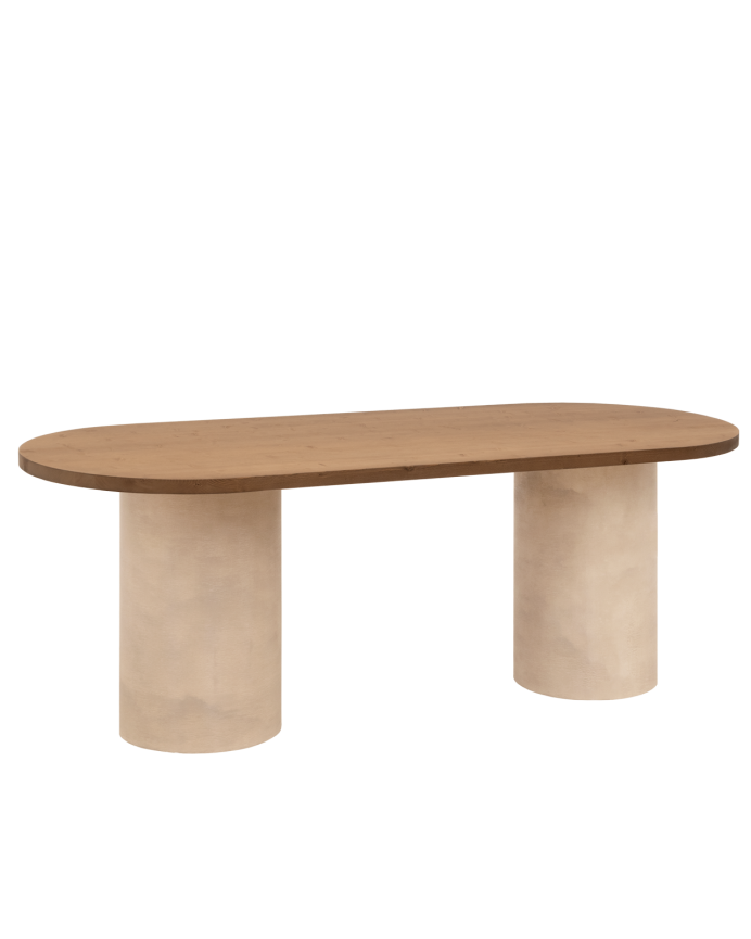 Table de salle à manger ovale en bois massif teinte chêne foncé avec pieds en microciment teinte terre en différentes tailless