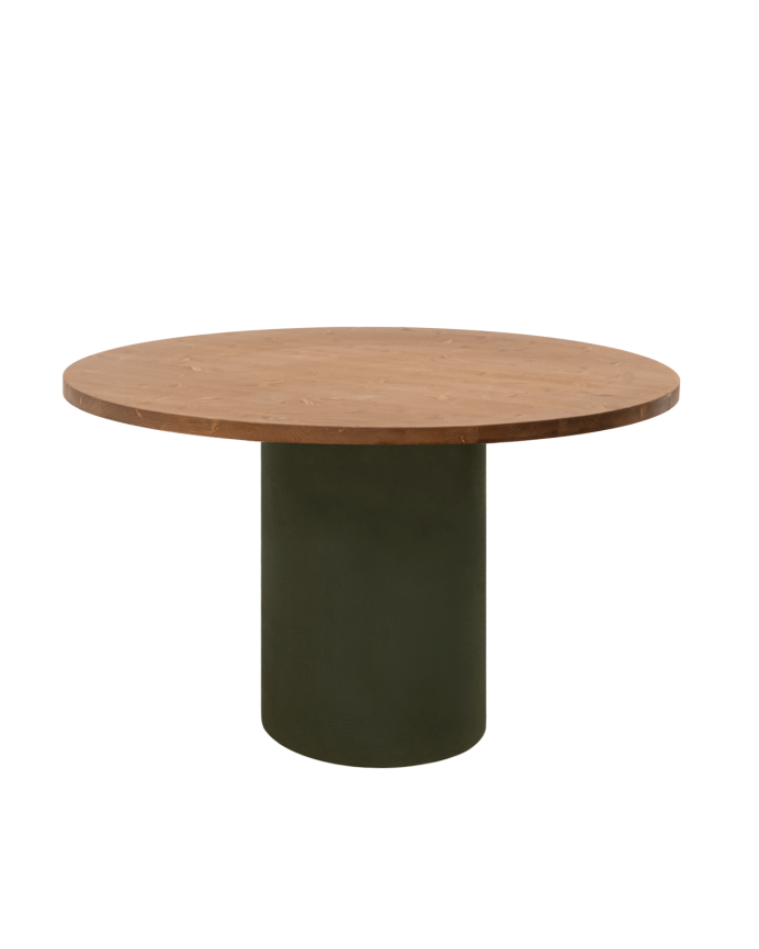 Table de salle à manger ronde en bois massif teinte chêne foncé pieds en microciment teinte verte en différentes tailles