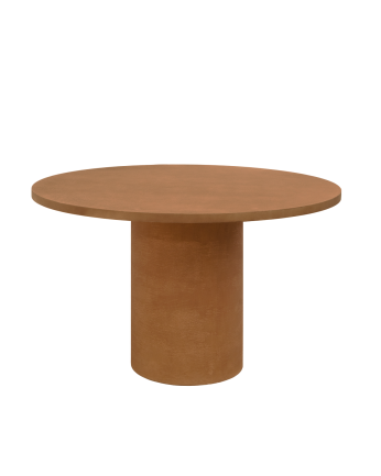 Table de salle à manger ronde en microciment de teinte terracotta disponible en différentes tailles