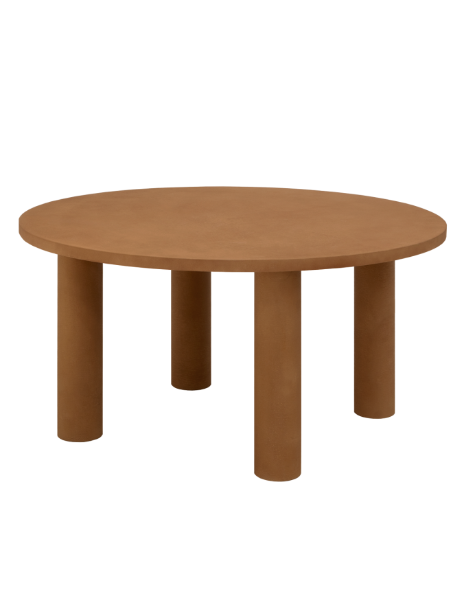 Table de salle à manger ronde en microciment de teinte terracotta disponible en différentes tailles