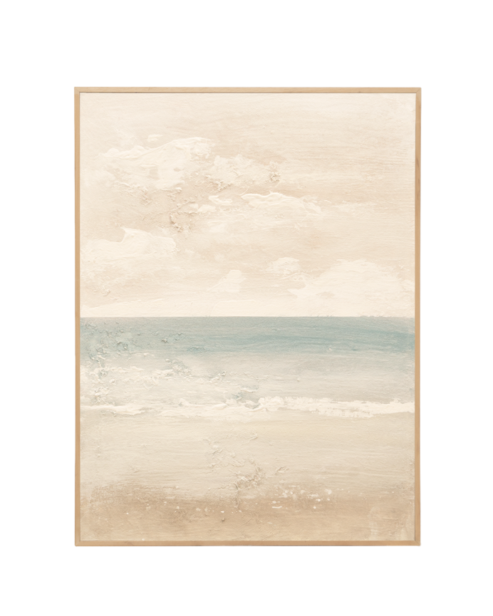 Tableau beige et bleu décoratif sur coton avec cadre en bois peint à la main à la peinture à l'huile en différentes tailles
