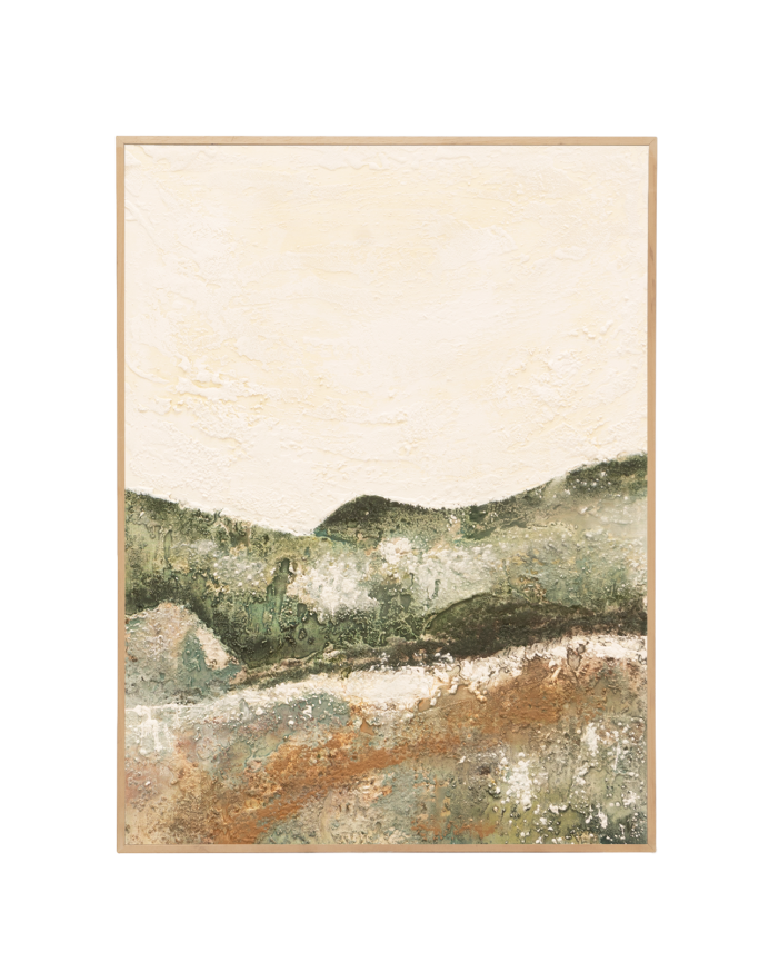 Tableau beige et vert décoratif sur coton avec cadre en bois peint à la main à la peinture à l'huile en différentes tailles