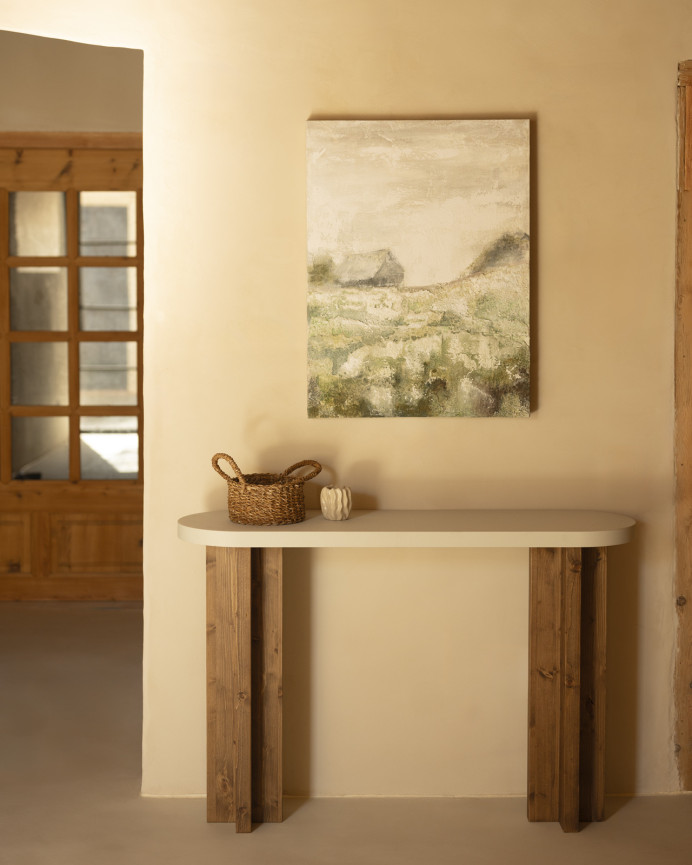 Tableau beige et vert décoratif sur coton avec cadre en bois peint à la main à la peinture à l'huile en différentes tailles
