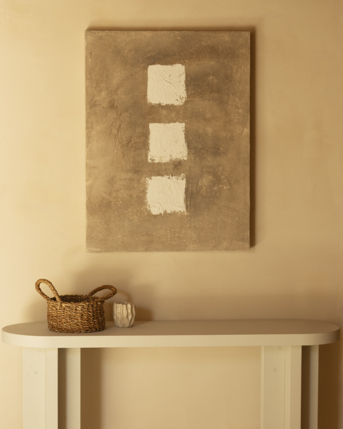 Tableau beige et blanc décoratif sur coton avec cadre en bois peint à la main à la peinture à l'huile en différentes tailles
