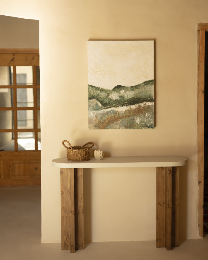 Tableau beige et vert décoratif sur coton avec cadre en bois peint à la main à la peinture à l'huile en différentes tailles