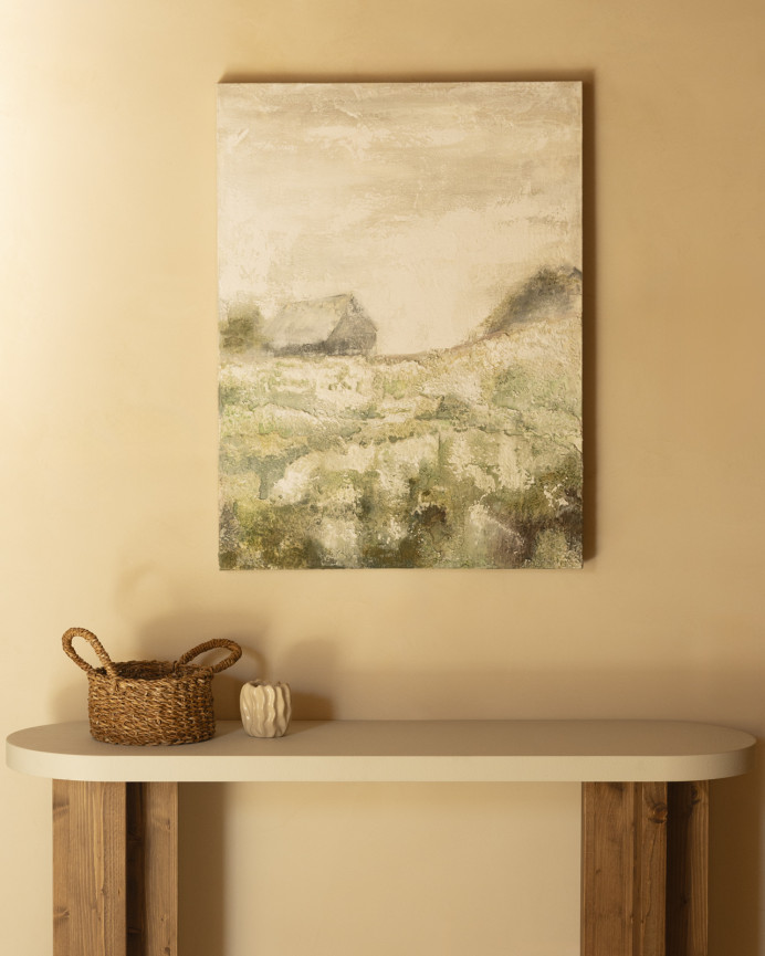 Tableau beige et vert décoratif sur coton avec cadre en bois peint à la main à la peinture à l'huile en différentes tailles
