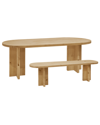Pack table à manger ovale et banc en bois massif ton chêne moyen en différentes tailles