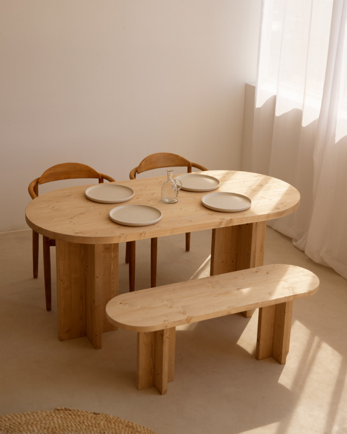 Pack table à manger ovale et banc en bois massif ton chêne moyen en différentes tailles