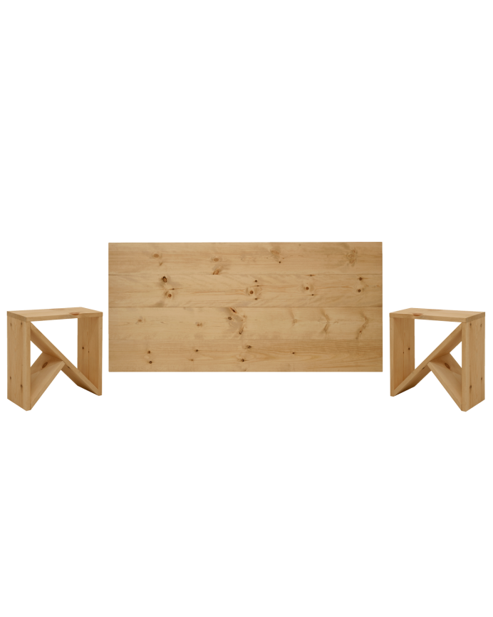 Pack tête de lit et tables en bois massif ton chêne moyen en différentes tailles