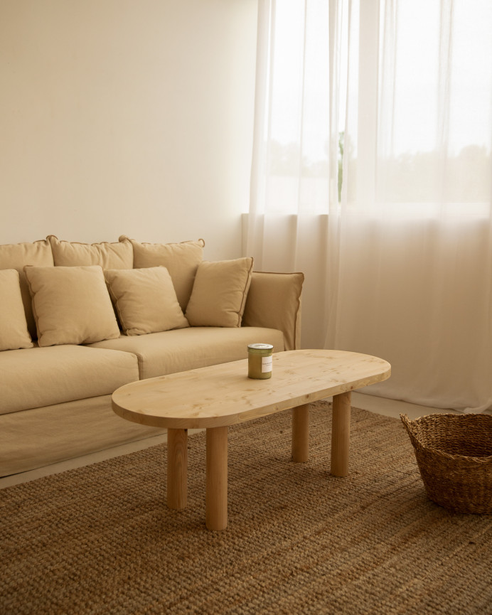 Table basse ovale en bois massif en teinte chêne moyen de 40x120cm