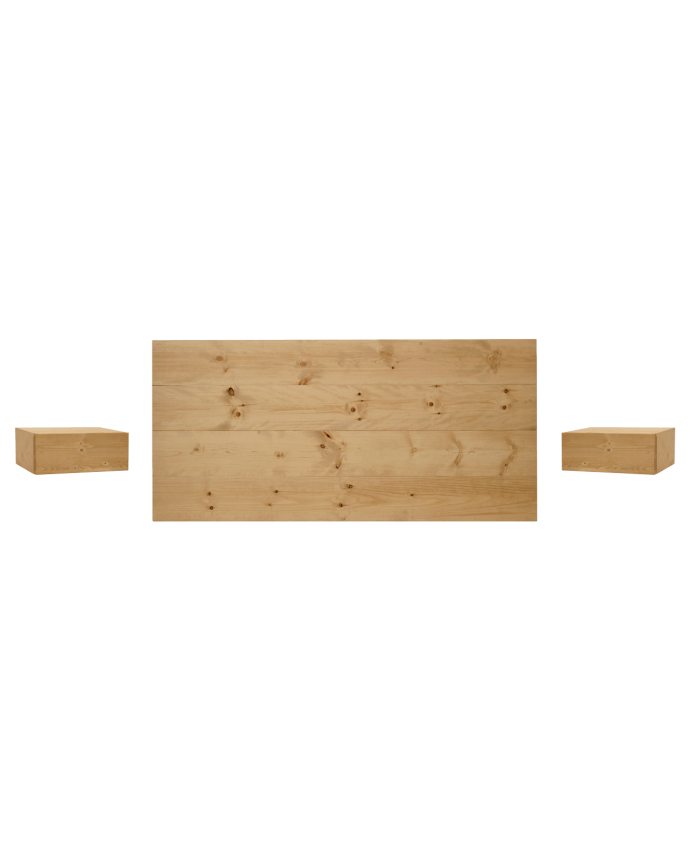 Pack tête de lit et tables flottantes en bois massif ton chêne moyen en différentes tailles
