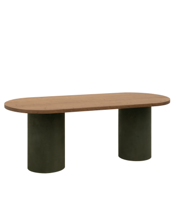Table de salle à manger ovale en bois massif teinte chêne foncé avec pieds en microciment teinte verte en différentes tailless