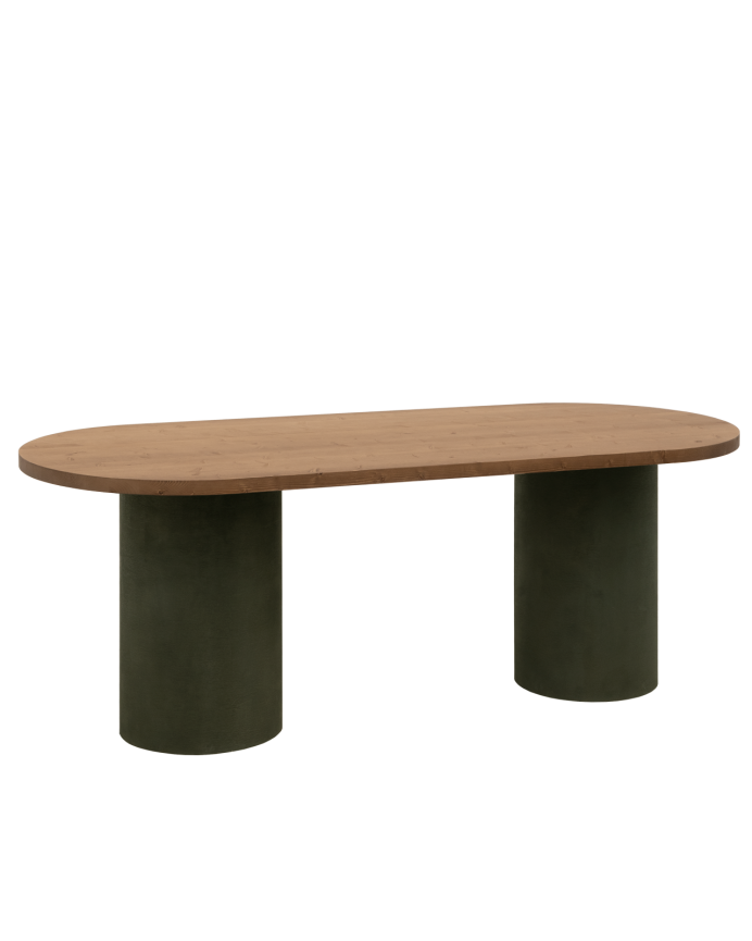 Table de salle à manger ovale en bois massif teinte chêne foncé avec pieds en microciment teinte verte en différentes tailless
