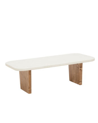 Table basse en microciment avec deux pieds en bois de chêne foncé de 95cm